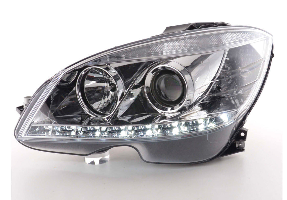 FK LED DRL Angel Eye Projector Headlights Mercedes C-Class W204 07-10 chrome LHD