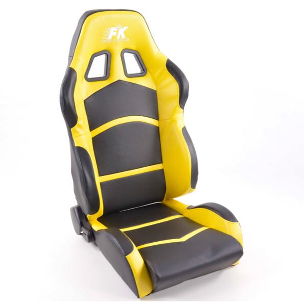 FK Pair Universal Reclining Bucket Sports Seats - Black & Yellow Synth Leather