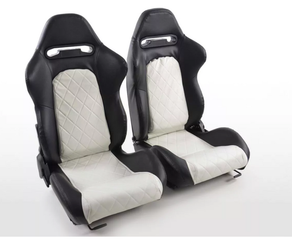 FK Pair Reclining Bucket Seats Luxury Quilted Black & White Diamond Stitch