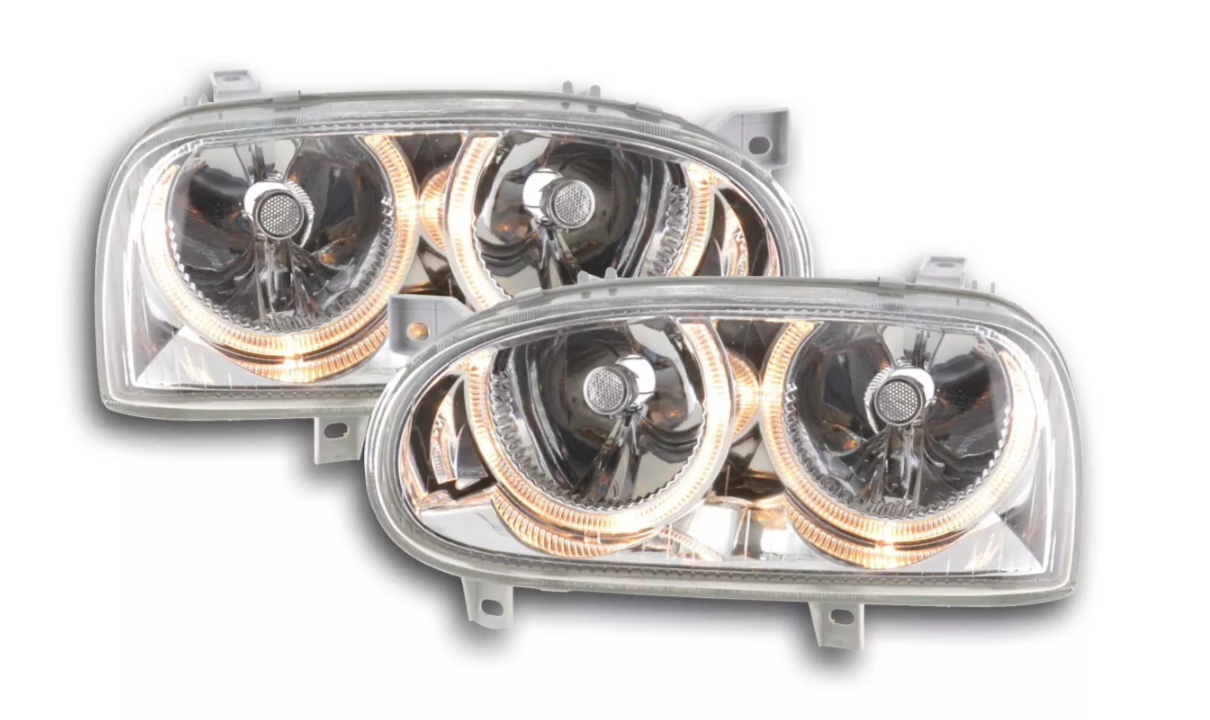 FK LED DRL Angel Eye headlights VW Golf 3 MK3 1HXO 1 EXO 1H 92-98 Chrome LHD