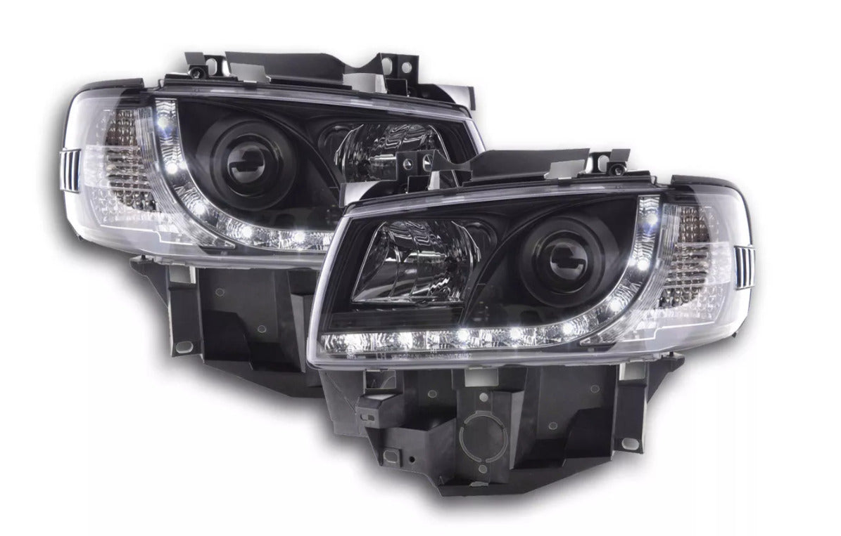 FK Set LED Devil Eye Projector Headlights VW Transporter T4 LONG 96-03 Black LHD