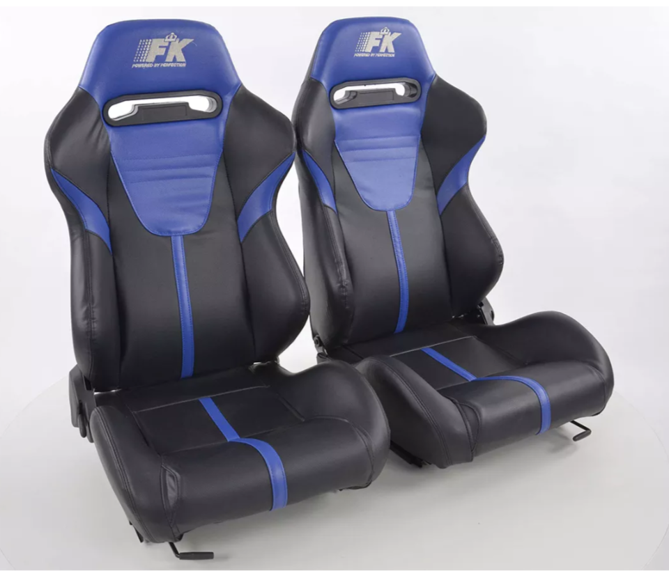 FK Universal Recline Fold Bucket Seats - Motorsport Black Blue Edition + slides