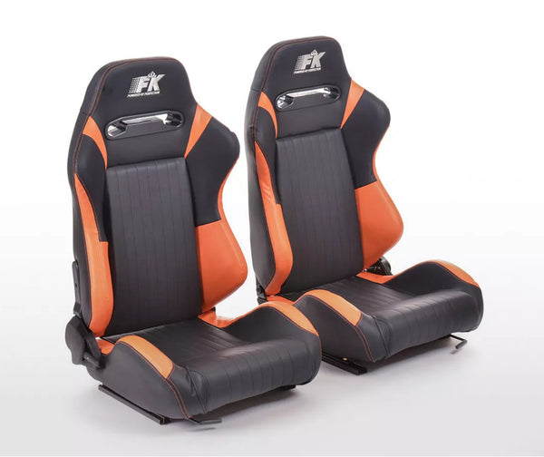 FK Pair Bucket Sports Seats Set Car Black ORANGE Motorsport Deluxe Recline Fold