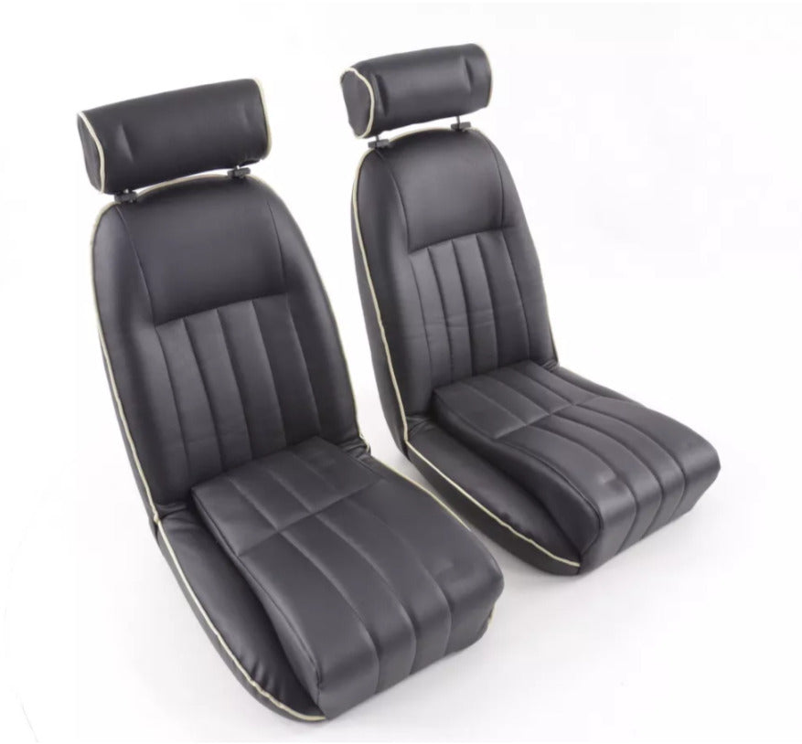 FK Black Classic Car Retro Kit Speedster Fixed Back Bucket Seats White Piping with Headrests Inc Runners