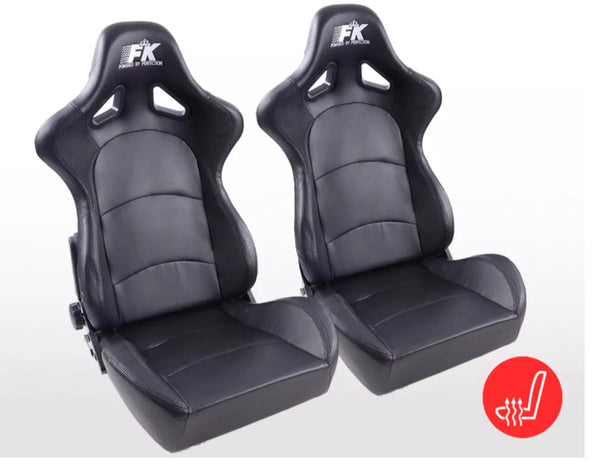 FK Pair Universal Fixed Back Bucket Sports Seats BLACK Heated Hot Edition