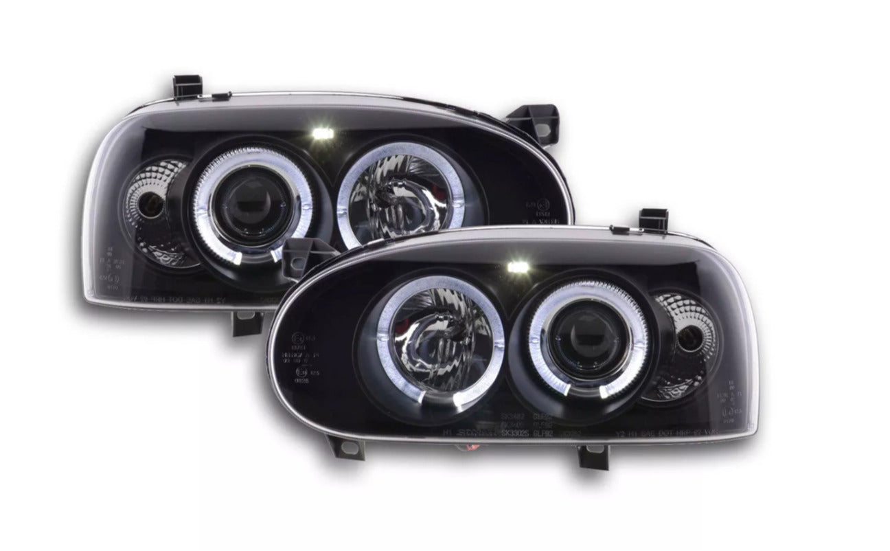 FK LED DRL Halo Ring Eye Headlights VW Golf 3 MK3 1HXO EXO 91-97 BLACK LHD