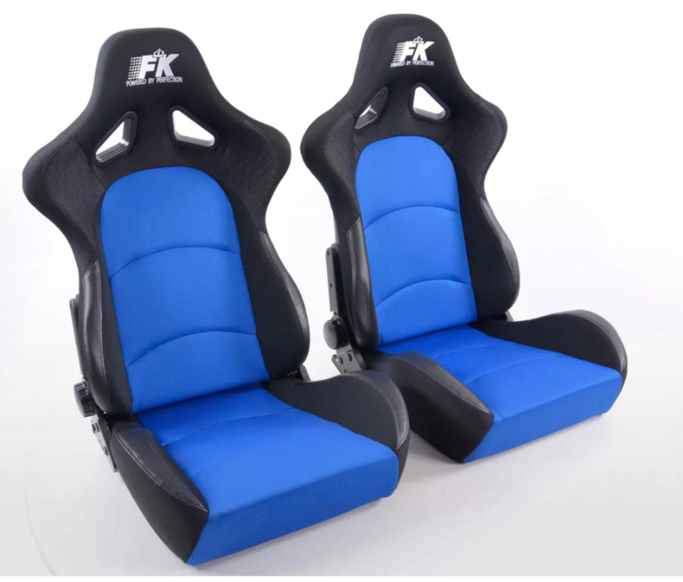 FK Pair Universal Fixed Back Bucket Sports Seats BLACK BLUE Fabric Wing Edition