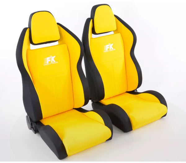 FK Pair Universal Reclining Bucket Sports Seats - Race Black & YELLOW Motorsport