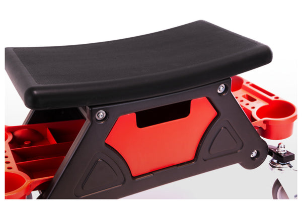 FK Workshop Stool Wheels Garage Uphol Seat Working Chair Storage Tray Adj Height