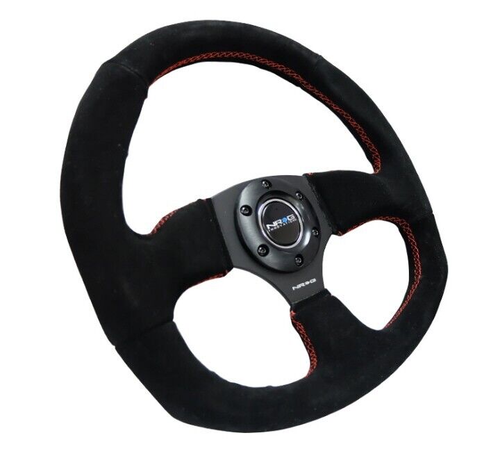 NRG Innovations STEERING WHEEL Flat Bottom Black Alcantara 320MM Red Stitch