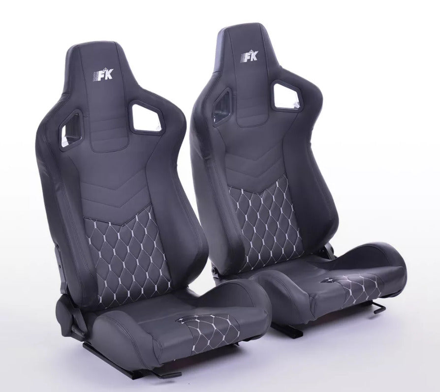 FK Universal Premium Sports Bucket Seats Black Silver Hex Stitch with univ slide