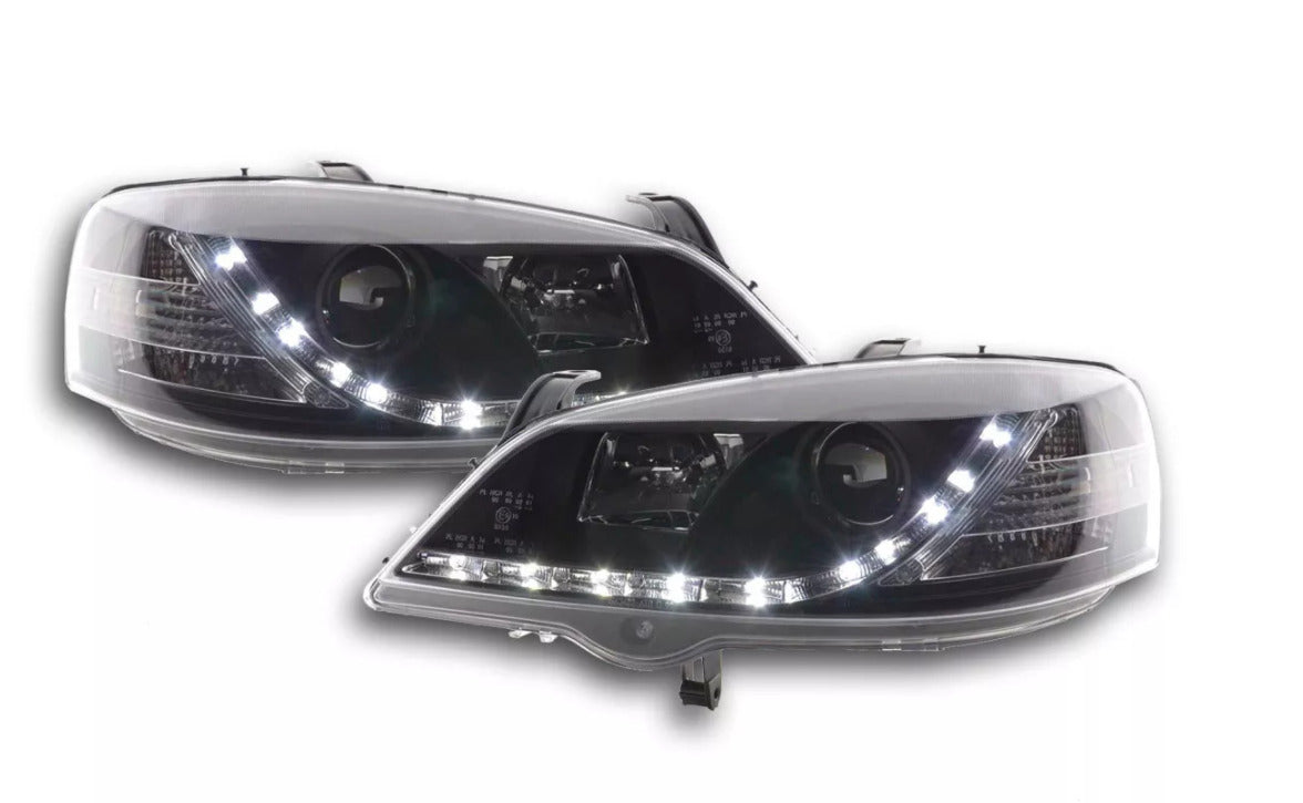 FK Set LHD Astra G 98-03 black LED DRL Lightbar Projector Headlights Plug Play