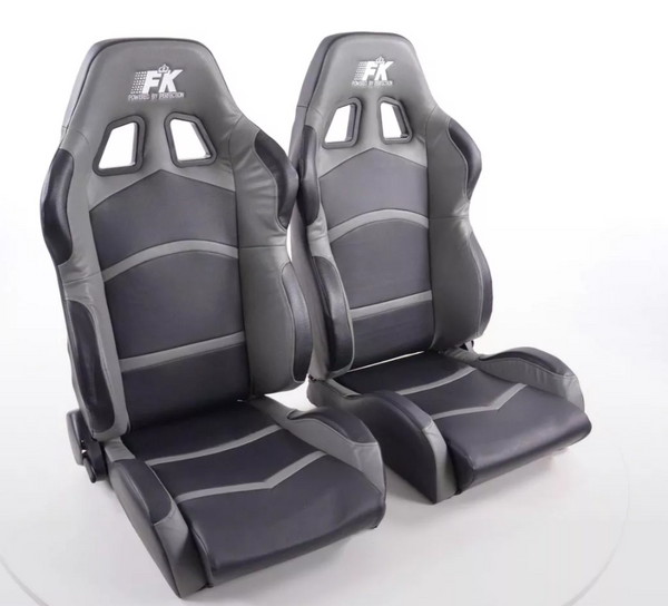 FK Pair Universal Reclining Bucket Sports Seats - Black & Grey Synth Leather