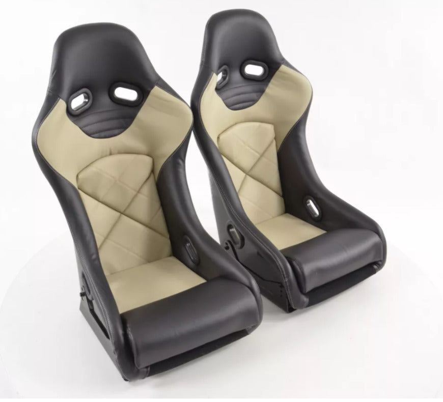 FK Pair Universal Fixed Back Bucket Sports Seats BEIGE & White Stitch Edition