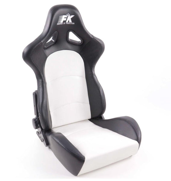 FK Pair Universal Fixed Back Bucket Sports Seats BLACK & WHITE Wing Edition