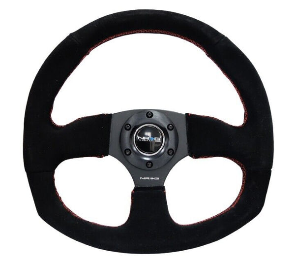 NRG Innovations STEERING WHEEL Flat Bottom Black Alcantara 320MM Red Stitch