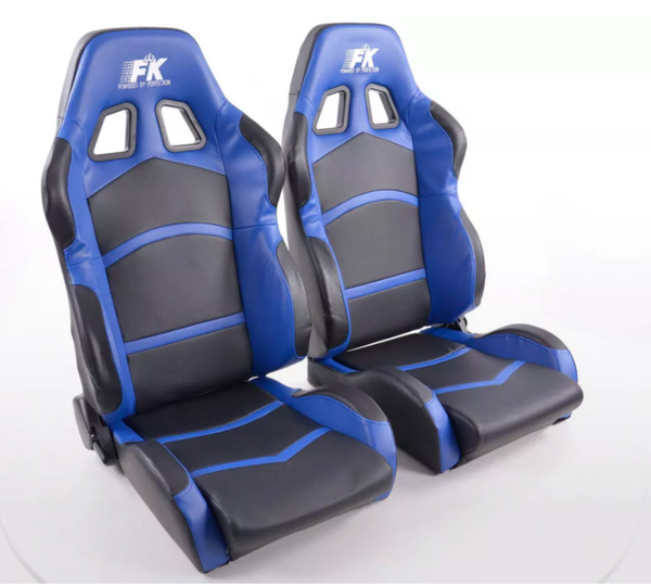 FK Pair Universal Reclining Bucket Sports Seats - Black & Blue Synth Leather