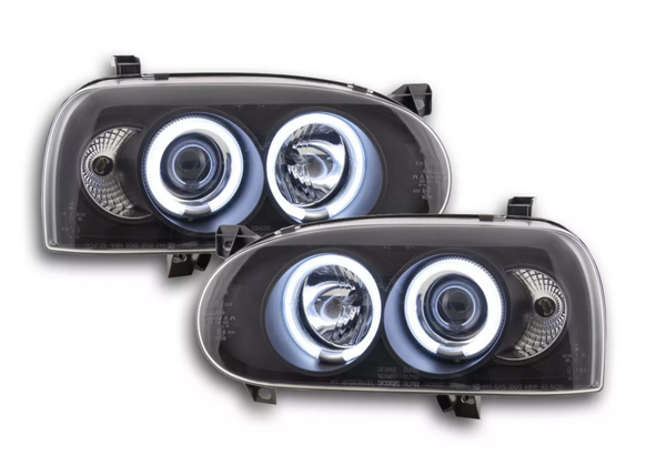 FK LED DRL Devil Angel Eyes Project Scheinwerfer CCFL VW Golf 3 MK3 92-98 schwarz