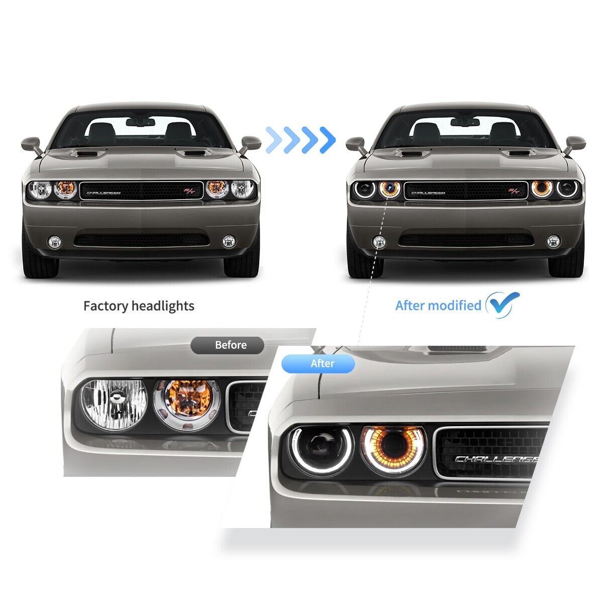 VLAND 08-14 Dodge Challenger 3 MK3 Pre FL Dual Halo Ring Headlights