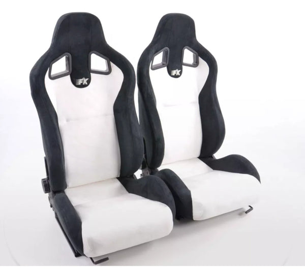 FK Universal Suede Alcantara Deluxe Motorsport Recline Bucket Seats WHITE Black