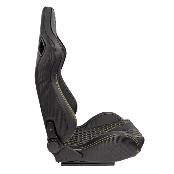 Auto-Style AK x1 Univ Reclining Sports Bucket Seat Black & Yellow Diamond Stitch Quilted Carbon Fibre Style + slide runners