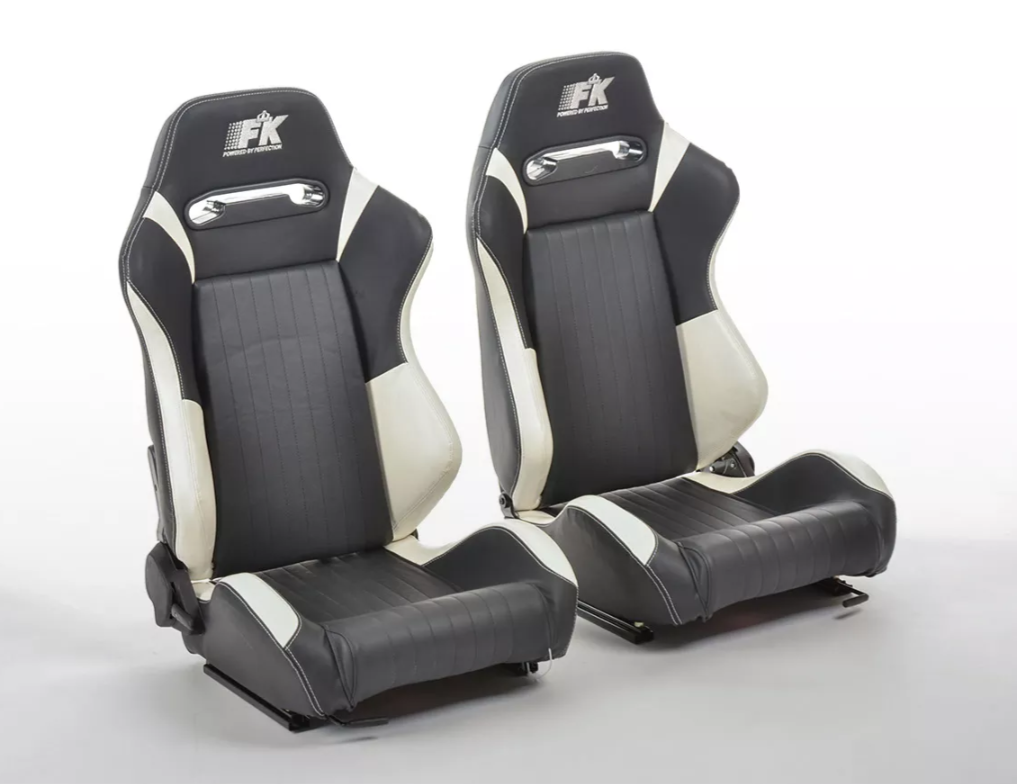 FK Pair Bucket Sports Seats Set Car Black White Motorsport Deluxe Recline Fold