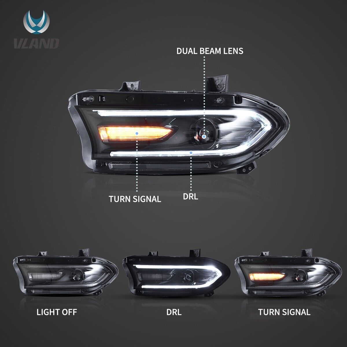 VLAND 15-23 Dodge Charger 7 MK7 Gen 7th Lightbar LED DRL Headlights