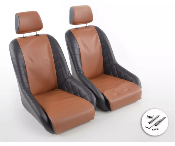 FK Pair Black & Brown Classic Car Retro Kit Speedster Sports Full Bucket Seats