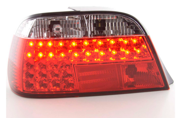 FK Paar LED-Lichtleisten-Rückleuchten, BMW 7er-Serie E38 95–02, rot, klar, inkl. Kabelbäumen