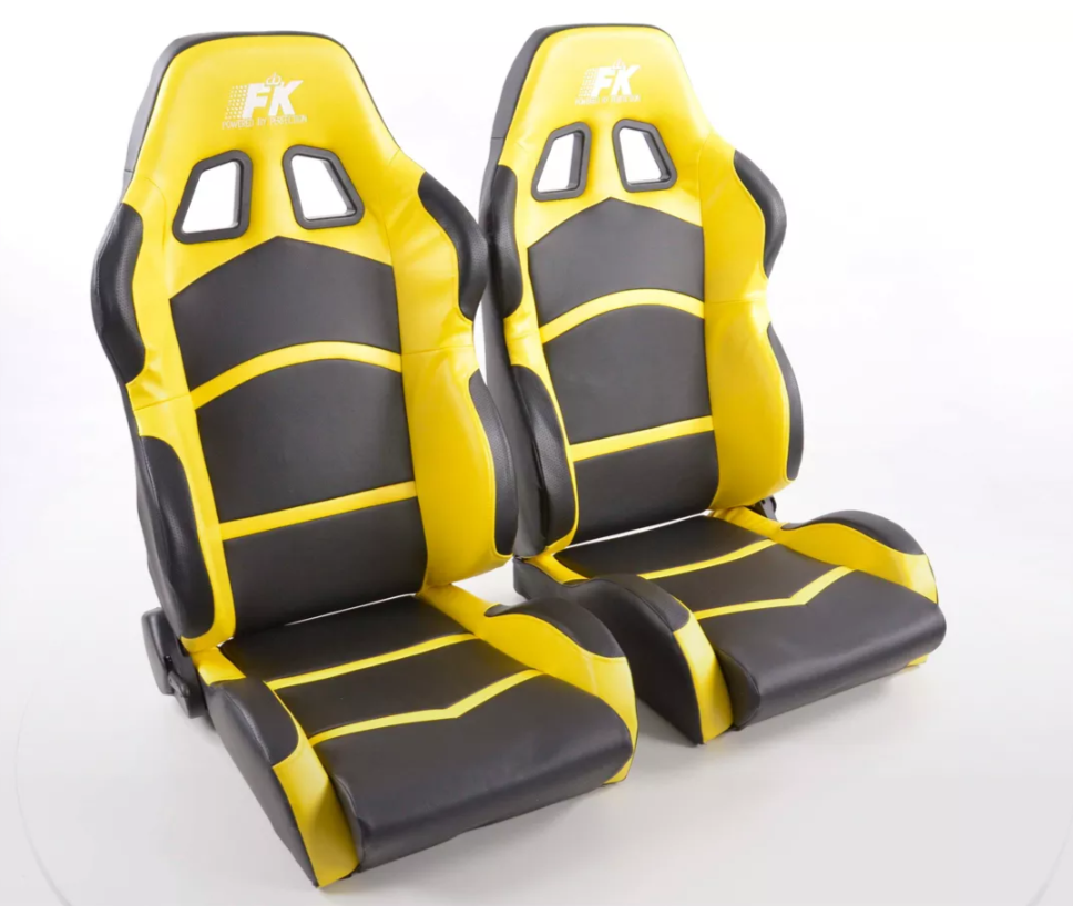 FK Pair Universal Reclining Bucket Sports Seats - Black & Yellow Synth Leather