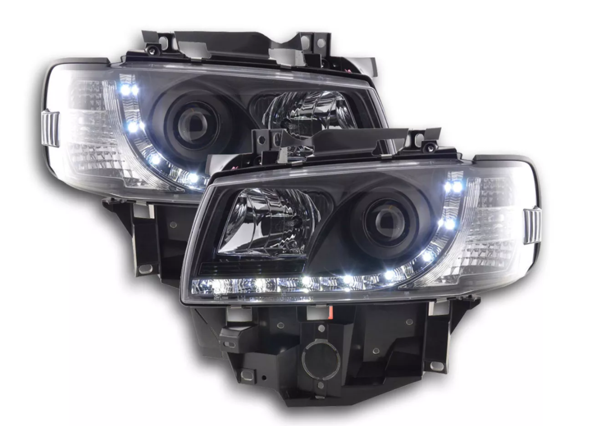 FK Set LED DRL Devil Eye Projector Headlights VW Transporter T4 96-03 Black RHD