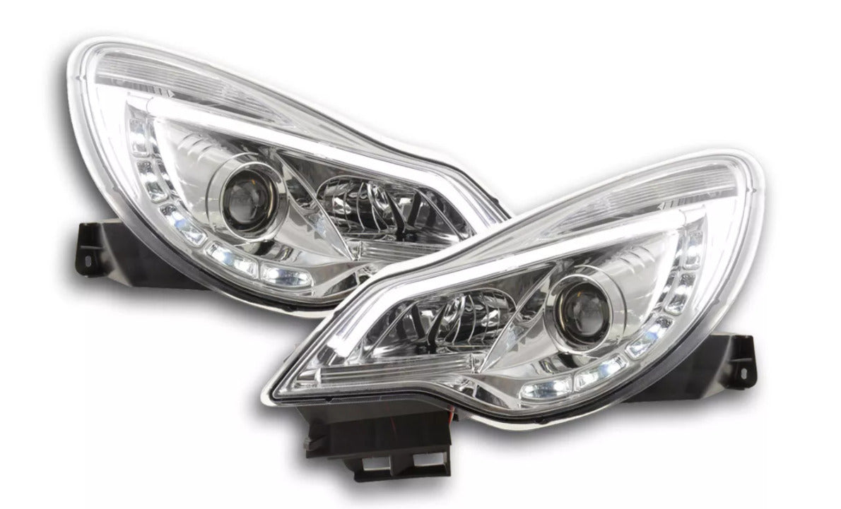 FK Pair LED DRL Projector Halo headlights Opel Vauxhall Corsa D 2011+ Chrome RHD