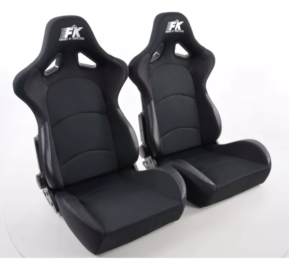 FK Pair Universal Fixed Back Bucket Sports Seats BLACK Fabric Wing Edition