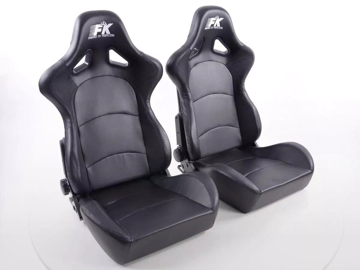 FK Pair Universal Fixed Back Bucket Sports Seats BLACK Bolster Big Wing Edition