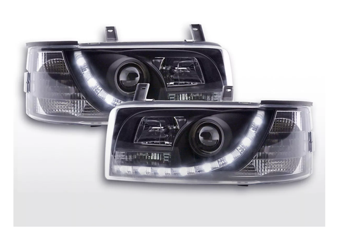 FK Set LED DRL Devil Eye Projector Headlights VW Transporter T4 90-96 Black LHD