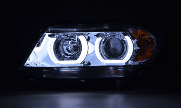 FK Paar LED DRL Projektorscheinwerfer BMW 3er E90 E91 05–08 Chrom LHD H7 H1