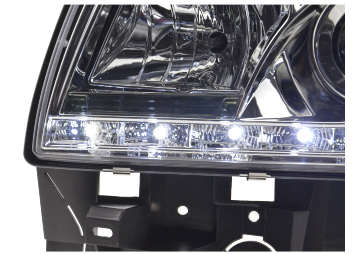 FK Set LED DRL Devil Eye Lightbar Headlights VW Transporter T4 96-03 Chrome RHD