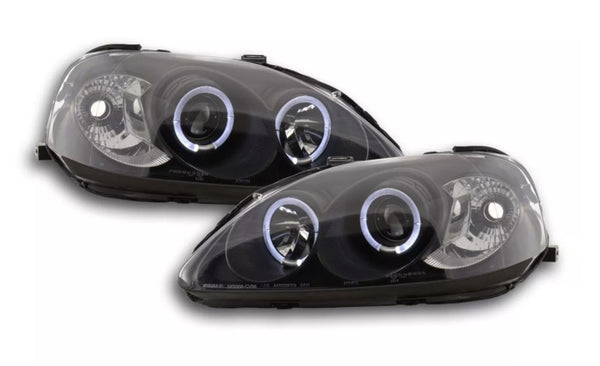 FK Pair LED DRL Halo Black headlights Honda Civic Coupe & 4-dr 99-00 black LHD