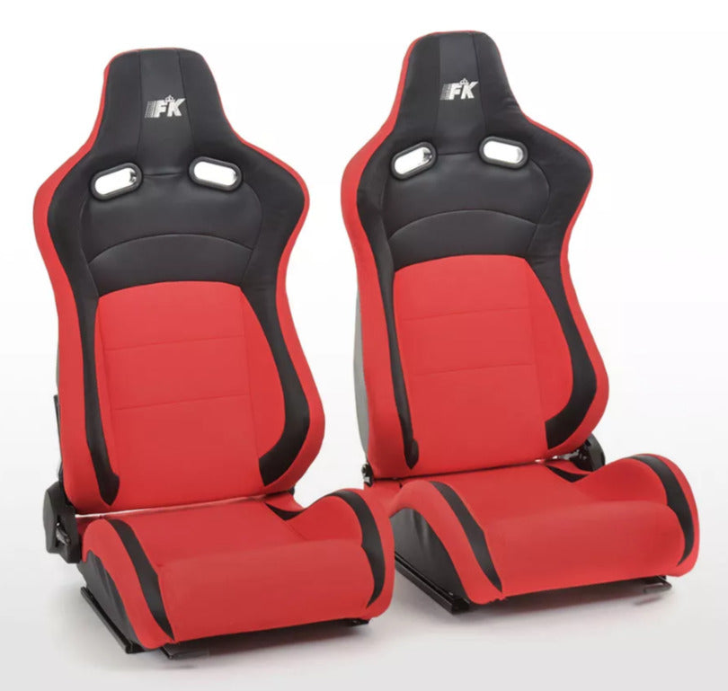 FK Pair Universal Full Bucket Sports Seats Red & Black Synthetic Leather Carbon