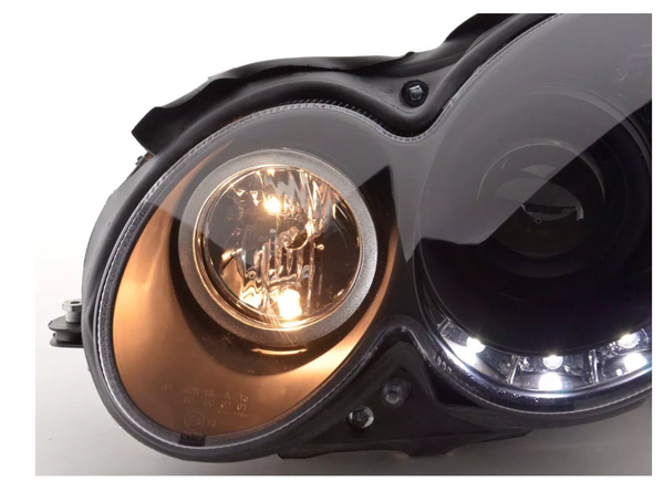 FK LED DRL Angel Eye Projector Headlight set Mercedes CLK W209 04-09 black - LJ Automotive