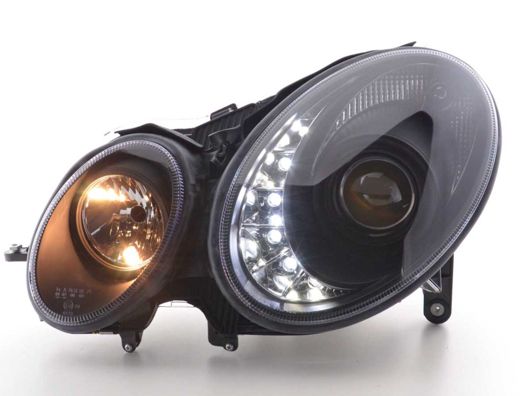 FK Set LED DRL HEADLIGHTS Mercedes E-Class 211 W211 02-06 black AMG LHD - LJ Automotive