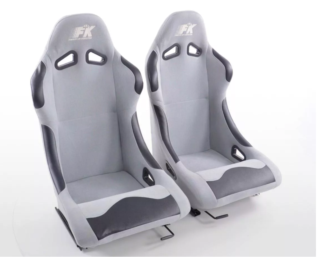 FK Pair Universal Bucket Sports Seats Grey Textile Fabric Fixed Back Track Drift