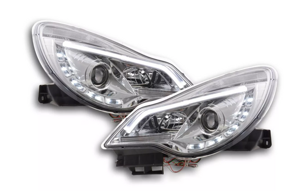 FK Pair LED DRL Projector Halo headlights Opel Vauxhall Corsa D 2011+ Chrome LHD