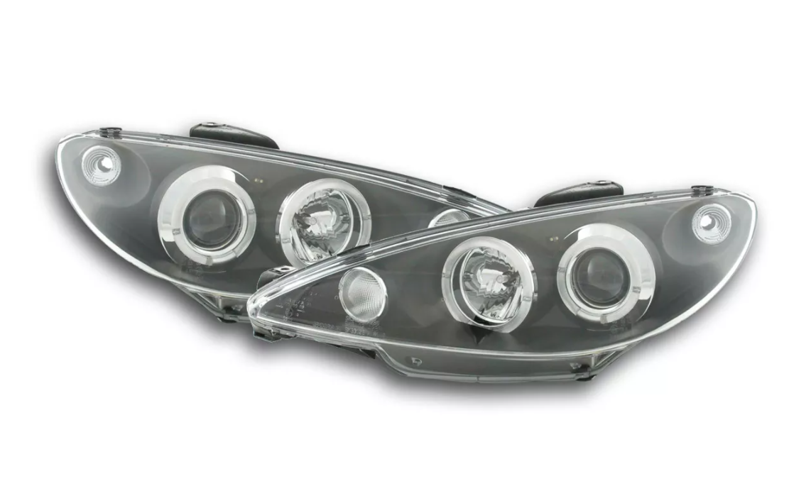 FK LED DRL Angel Eye Halo Projector headlights Peugeot 206 98-03 Black LHD