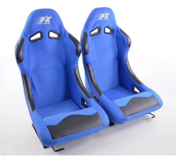 FK Pair Universal Bucket Sports Seats Blue Textile Fabric Fixed Back Track Drift