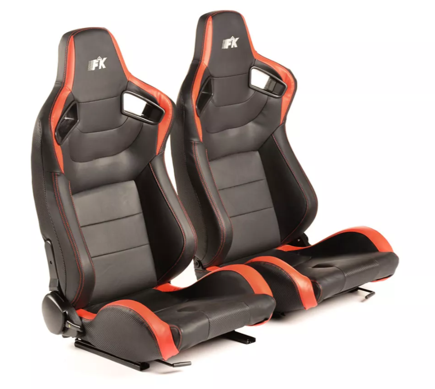 FK Paar Universal-Schalensportsitze Schwarz auf rotem Kunstleder Carbon Lux