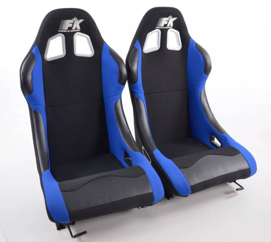 FK Universal Fixed Back Bucket Seats & slide runners Blue Track Drift Car 4x4