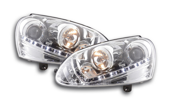 FK Set LED DRL Projektorscheinwerfer VW Golf 5 MK5 03-08 Chrom RHD