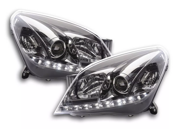 FK Set LED DRL Halo Projector Headlights Opel Vauxhall Astra H 04-10 chrome LHD