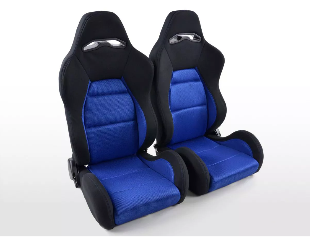 FK Pair Universal Recline / Fold Bucket Sports Seats - BLUE & Black Stitch